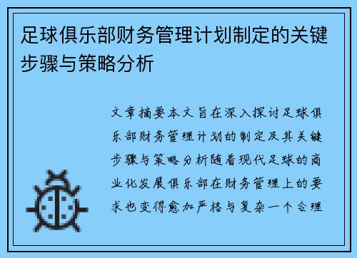 足球俱乐部财务管理计划制定的关键步骤与策略分析
