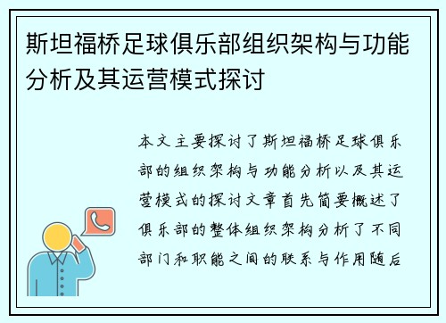 斯坦福桥足球俱乐部组织架构与功能分析及其运营模式探讨
